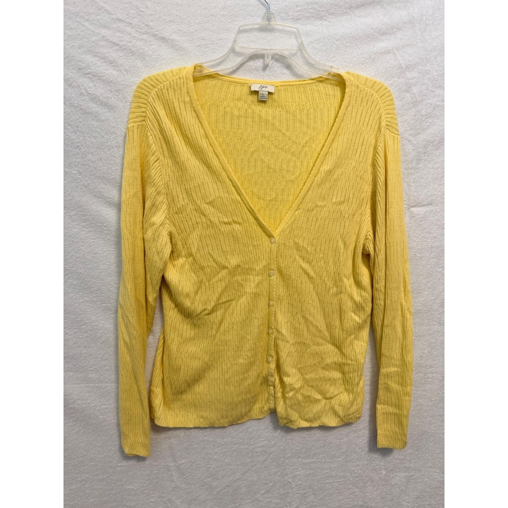 J. Jill Yellow Pointelle Knit Cotton V-Neck Button Front Cardigan Sweater L